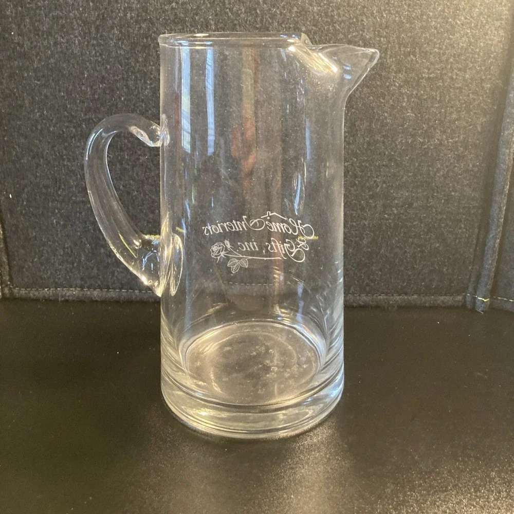 Vintage Home Interiors & Gifts Inc Glass Pitcher Etched‎ Logo Clear Glass